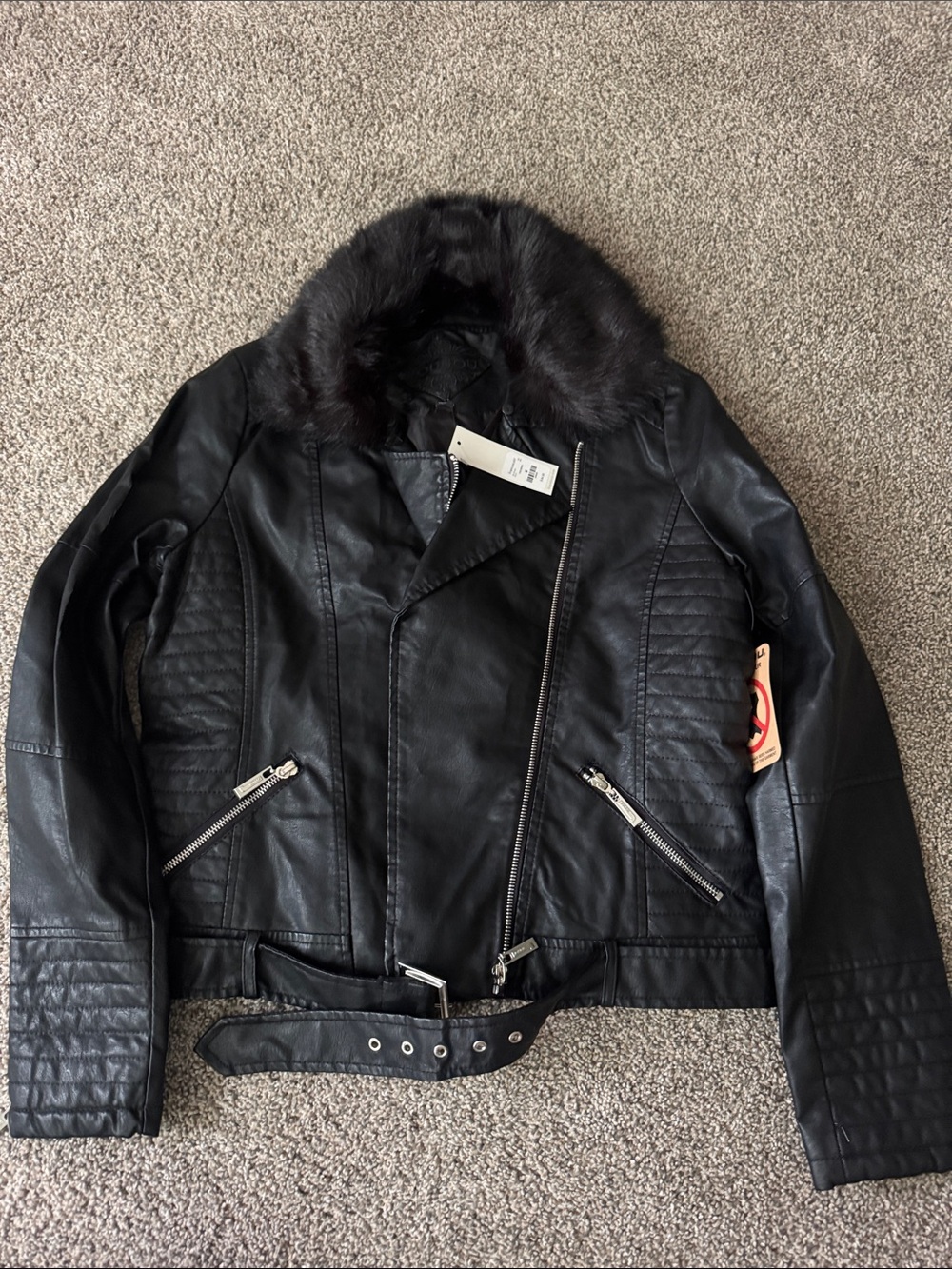 Francesca's Collections Black Faux Leather Moto Jacket with Fur Collar